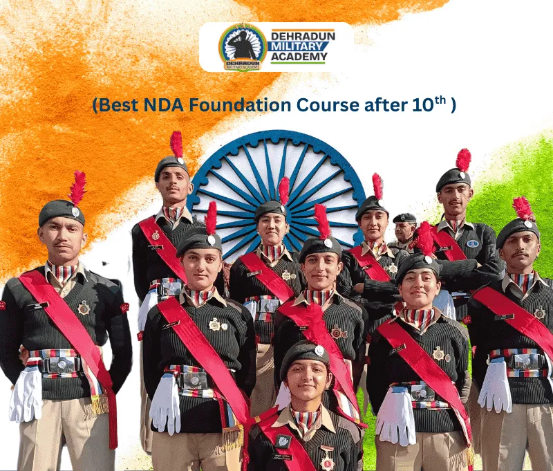 Group of NCC cadets in uniform with tricolor Ashoka Chakra backdrop, representing the Best NDA Foundation Course after 10th in Dehradun, India.