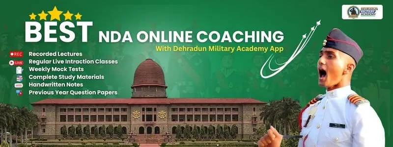 Cadet in white uniform beside NDA building with banner promoting Best NDA Online Coaching via Dehradun Military Academy app, including live classes, tests, and notes.