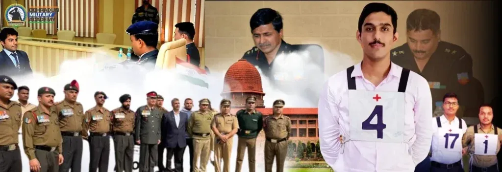 CDS aspirant in chest number 4 with officers and SSB scenes in the background, showcasing Dehradun Military Academy’s CDS Coaching Dehradun program.