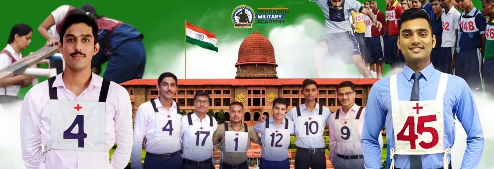 Group of CDS aspirants wearing SSB chest numbers in front of the NDA building and training scenes, promoting CDS Coaching in Dehradun by Dehradun Military Academy.