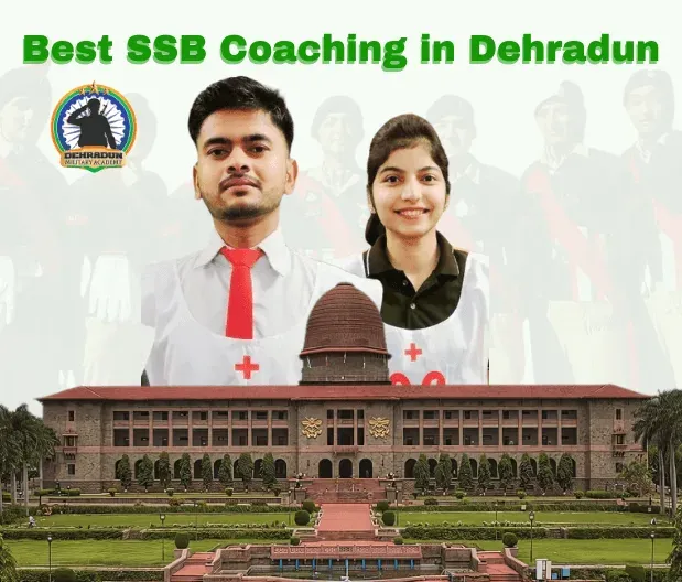 Male and female NDA aspirants with SSB chest numbers in front of NDA building, promoting Dehradun Military Academy’s best SSB Coaching in Dehradun.