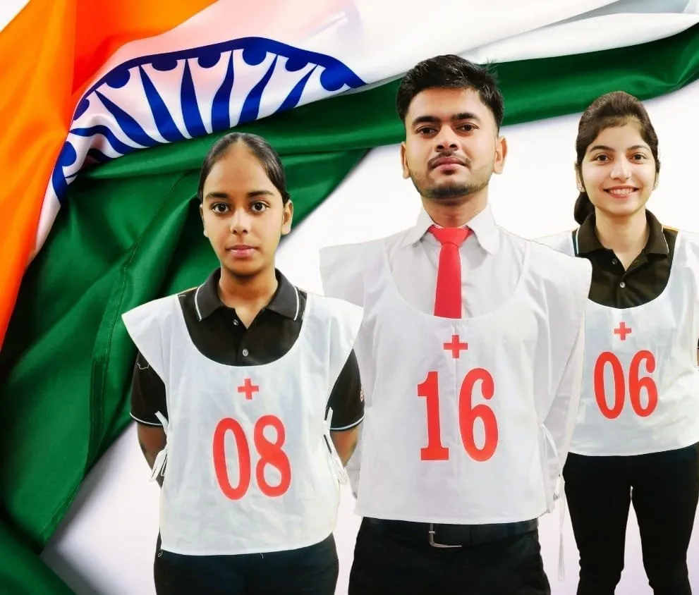 Three NDA aspirants in SSB chest numbers (08, 16, 06) in front of the Indian flag, representing Dehradun Military Academy’s NDA Course After 12th.