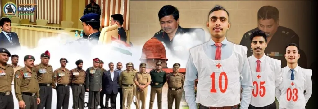 NDA aspirants and officers in SSB interviews and group photos, with selected candidates wearing chest numbers, representing Dehradun Military Academy’s NDA Course After 12th.
