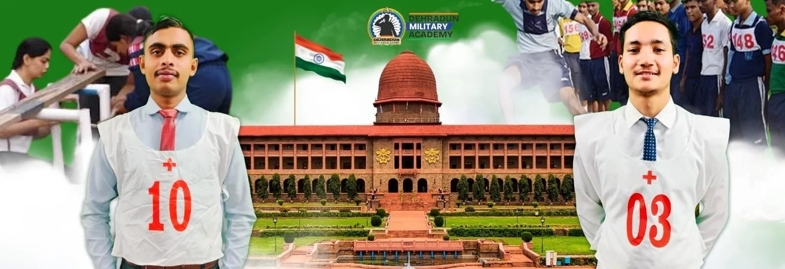NDA aspirants in white vests with selection numbers, standing proudly in front of the National Defence Academy building, representing Dehradun Military Academy’s NDA Course After 12th.
