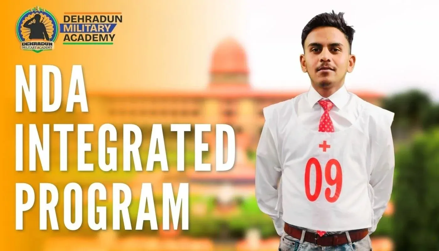 Student in NDA SSB chest number and tie, standing confidently in front of NDA building, representing the NDA Integrated Program at Dehradun Military Academy.