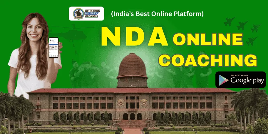 Female student holding phone with NDA Online Coaching app, NDA building in background, promoting Dehradun Military Academy’s mobile learning platform.