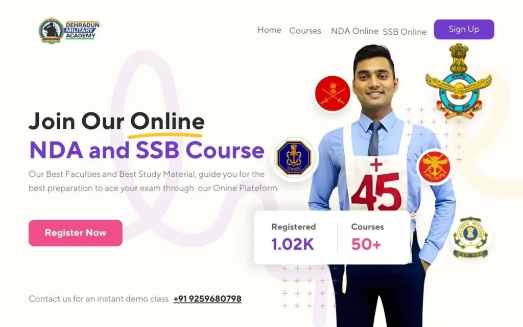 NDA aspirant with chest number 45, surrounded by defence logos, promoting NDA Online Coaching Course by Dehradun Military Academy with registration and contact details.