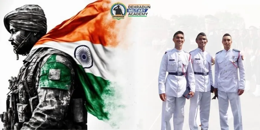 Indian soldier with national flag and group of cadets in white uniform representing Dehradun Military Academy’s expert SSB Coaching in Dehradun.