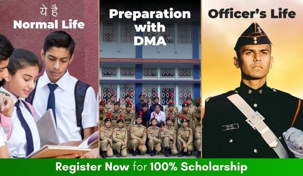 Three-stage visual showing normal student life, training at Dehradun Military Academy, and final officer life—highlighting SSB Coaching in Dehradun.