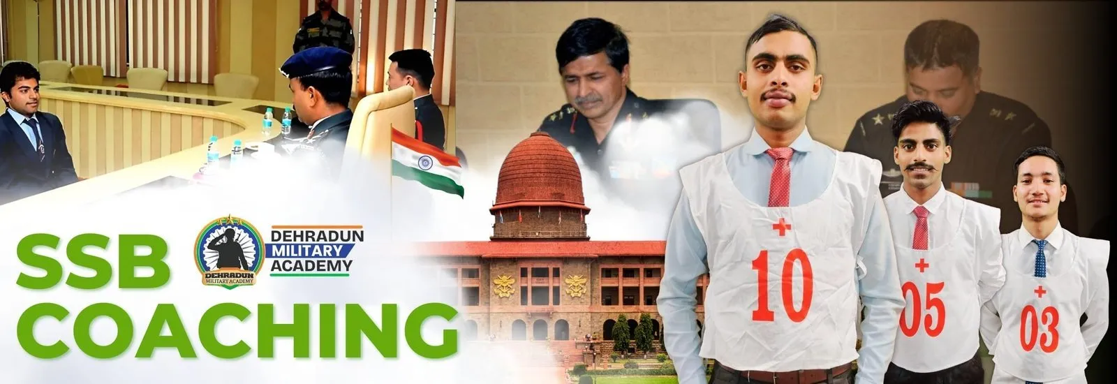 SSB interview simulation with officers, NDA aspirants wearing selection numbers, and National Defence Academy building—representing Dehradun Military Academy’s SSB Coaching in Dehradun.